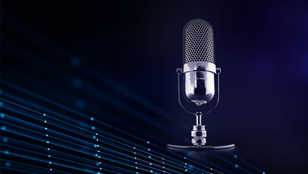 播客。银色麦克风上的技术连接点和线背景。连接播客，内容创造者。图片下载