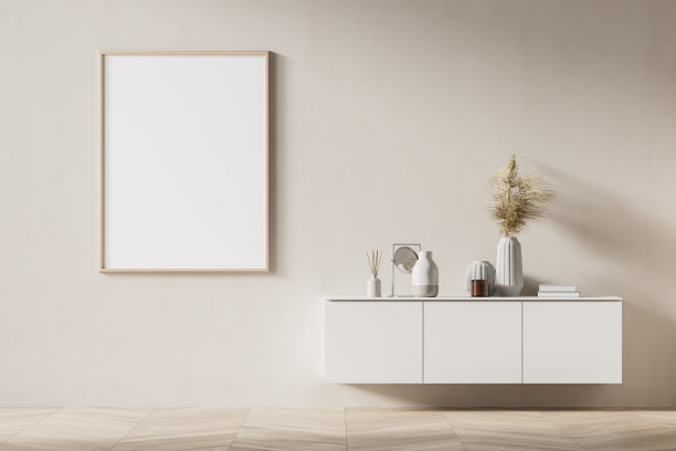 在现代室内背景墙上模拟海报框架，客厅。书在内阁。北欧风格。3 d渲染。图片下载