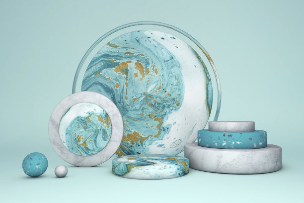 白色绿色大理石圆形底座的3d渲染孤立在粉彩背景图片下载