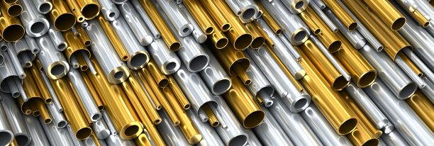 特写一套不同直径的金属圆管。工业三维演示图片下载