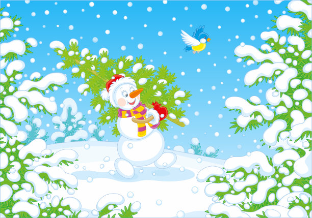 滑稽的雪人扛着圣诞树图片下载