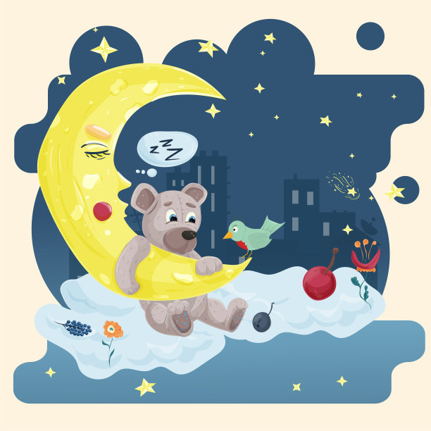 插画贴纸儿童平面风格的卡通儿童卧室设计装饰小熊抱着月亮坐在云对星空和城市的背景图片下载