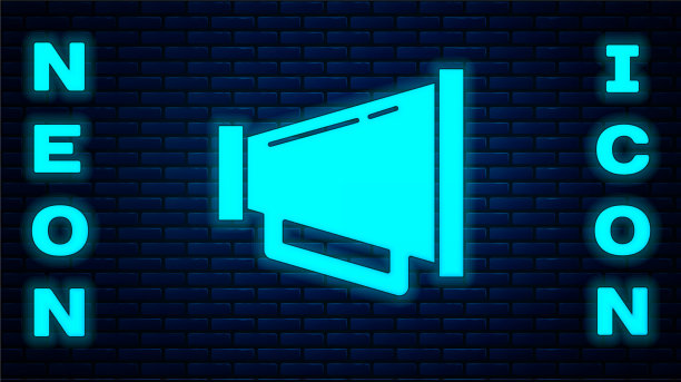 发光的霓虹灯扩音器图标孤立在砖墙上图片下载