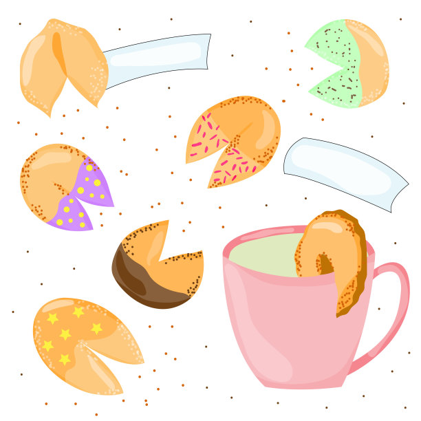 幸运饼。糖果的集合。杯子上的幸运饼干。饼干巧克力屑。矢量卡通插图在白色的背景。图片下载