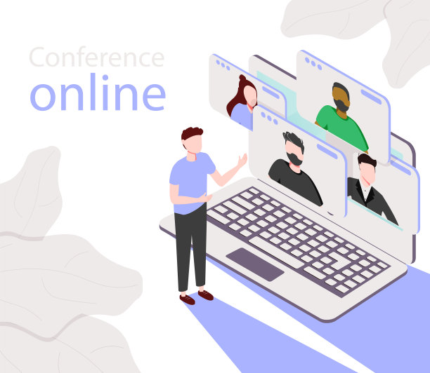 在线会议的概念。在笔记本电脑上实时开会。在线视频会议。视频会议着陆。实时会议和在线会议工作区向量。图片下载