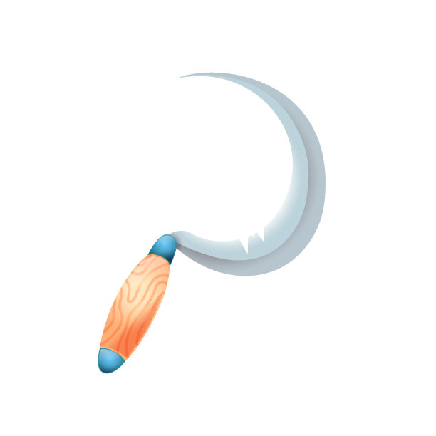 魔法德鲁伊配件镰刀元素。魔法女巫刀木柄和金属圆刃卡通风格与阴影和突出。对于魔术师孤立插图，游戏设计图片下载