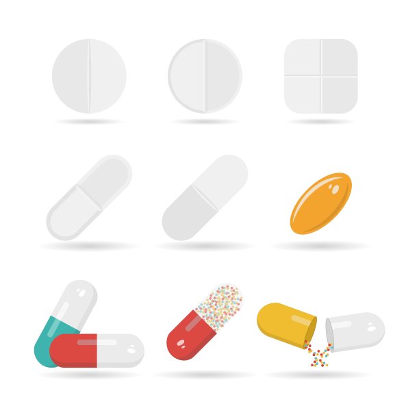 一套药丸，药片，药物和胶囊。水疱片，止痛药，抗生素，维生素和阿司匹林。医疗和医院图标。图片下载