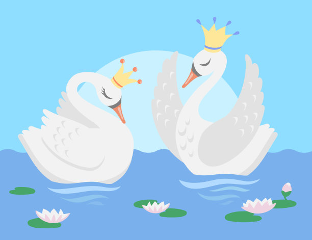 一对白天鹅漂浮在湖中矢量插图图片下载