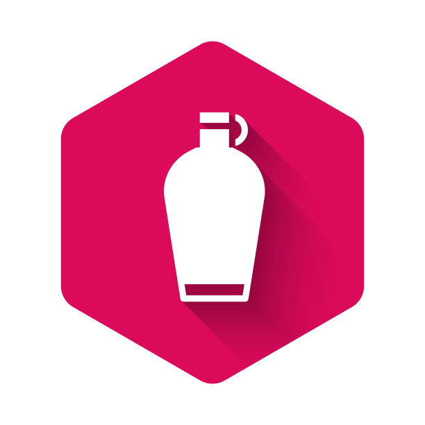 白色水壶水瓶图标，长阴影效果。旅行者水壶图标。野营用水罐。粉色六边形按钮。矢量图片下载