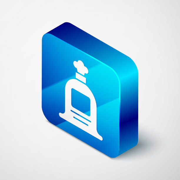 等距全袋图标孤立在灰色背景。蓝色方块按钮。向量图片下载