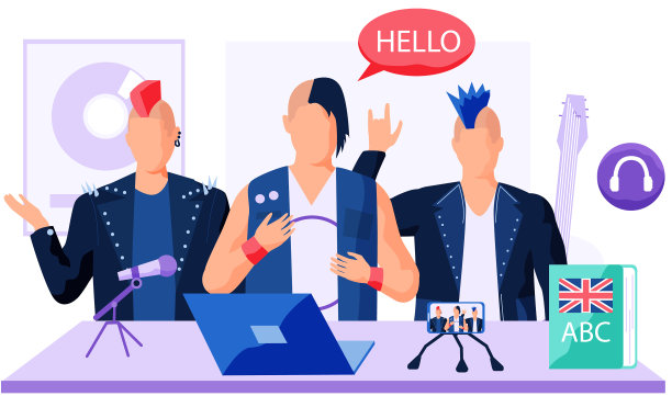 穿着摇滚服装的人用外国语言交流图片下载