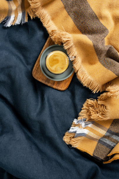 早上在床上喝一杯新鲜的咖啡，米色的格子和蓝色的毯子。舒适的公寓。图片下载