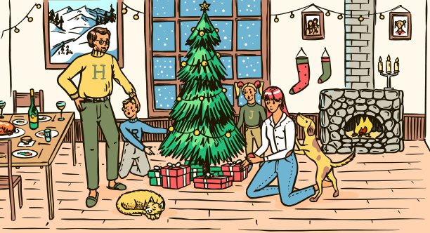 这家人正在为圣诞节装饰圣诞树图片下载