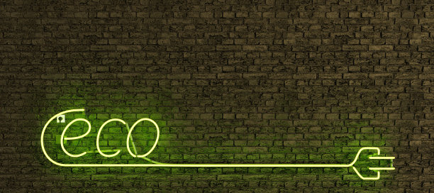 霓虹灯标志与ECO字和长插头与拷贝空间图片下载