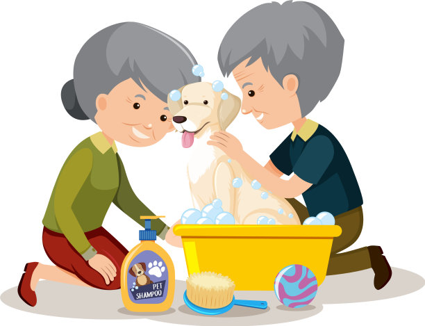 可爱的狗狗洗澡与老夫妇的主人图片下载