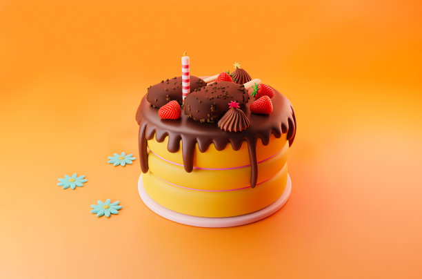 巧克力蛋糕的生日和庆祝用黑冰淇淋可可坚果，红色草莓顶部和蜡烛装饰3d图片下载