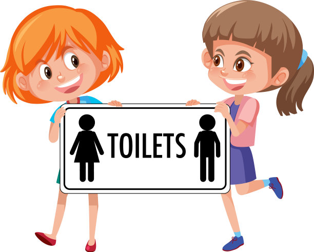 两个女孩手持白色隔离厕所标志图片下载