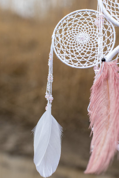 手工制作的捕梦网用羽毛线和珠子绳挂着图片下载