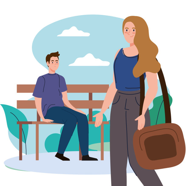 拿着包的女人和坐在公园长椅上的男人图片下载