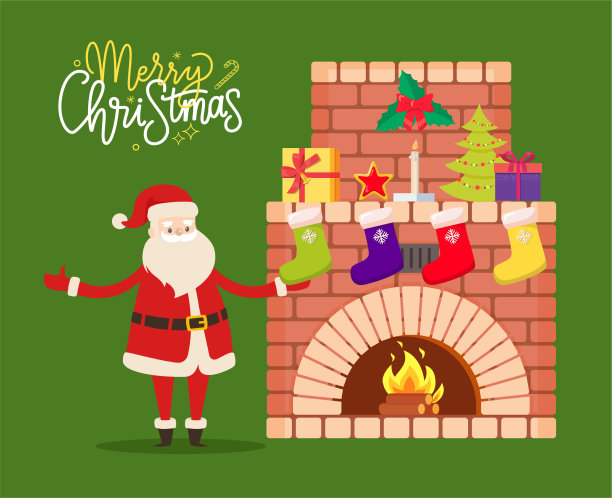 圣诞老人在装饰壁炉前打招呼图片下载