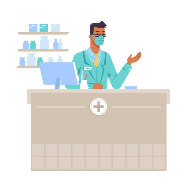 药剂师工作场所男子戴口罩柜台图片下载