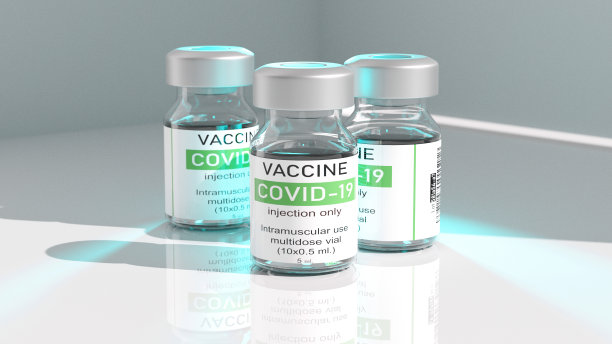 疫苗玻璃瓶新冠病毒。流行病病毒防护概念。3d渲染。图片下载