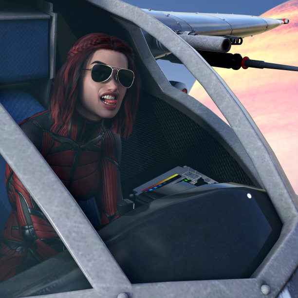 一个女人吐着舌头驾驶一艘以外星行星为背景的飞船的插图。图片下载