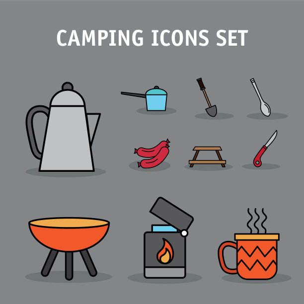 捆绑十个露营设置线和填充图标和图片下载