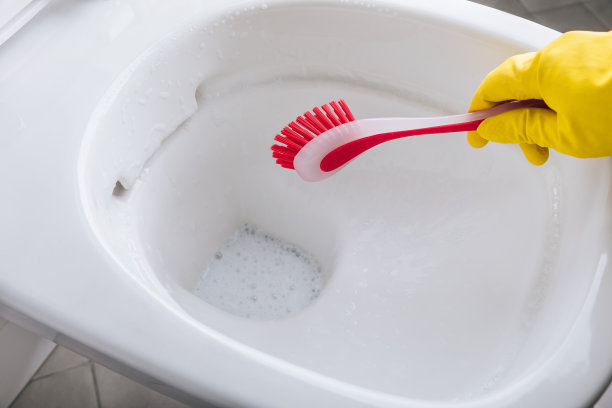 戴着黄色橡胶手套的女人正在用红色刷子清洁马桶图片下载
