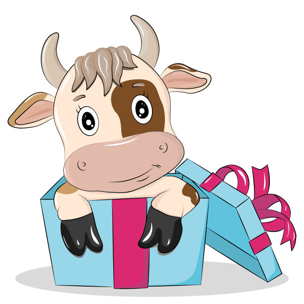 可爱的卡通牛在礼盒图片下载