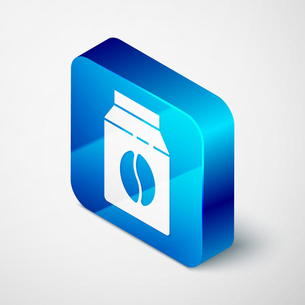 等距袋的咖啡豆图标孤立在灰色背景。蓝色方块按钮。向量图片下载