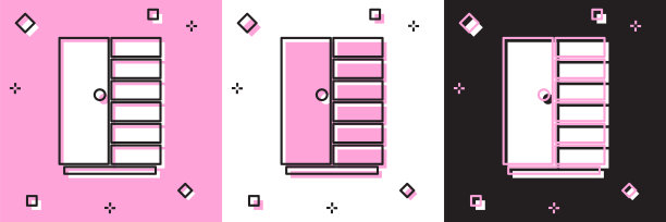 设置衣橱图标孤立的粉红色和白色，黑色的背景。向量图片下载