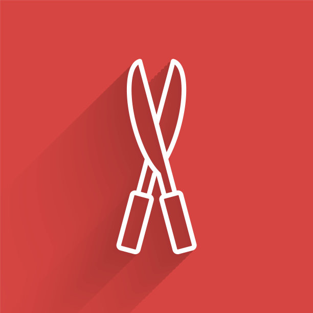 白色线园艺手工剪刀修剪图标孤立与长影子。有木柄的修枝剪。向量图片下载