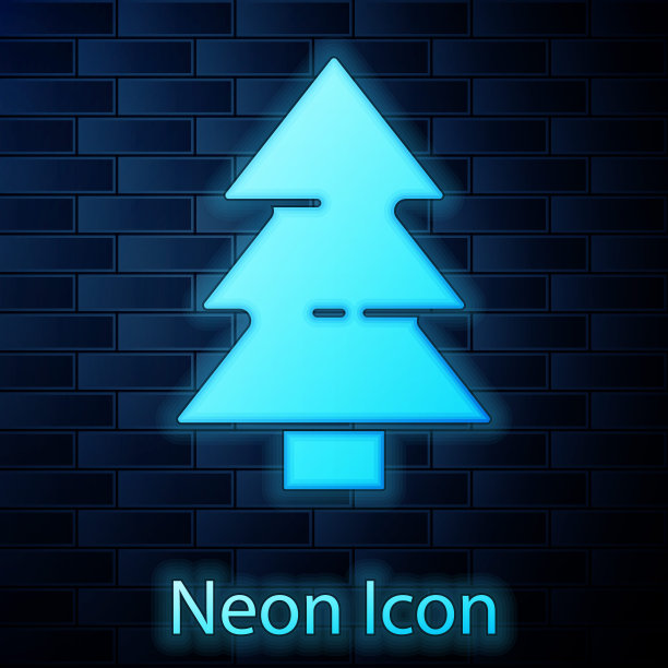 发光的霓虹灯圣诞树图标孤立在砖墙背景。圣诞快乐，恭贺新禧。向量图片下载