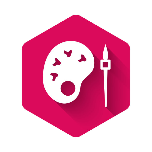 白色油漆刷与调色板图标隔离与长阴影。粉红色的六角按钮。向量图片下载