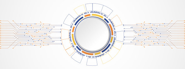 摘要彩色技术背景，白色圆圈旗帜上的蓝色和橙色渐变数字圆圈和电路板图案图片下载