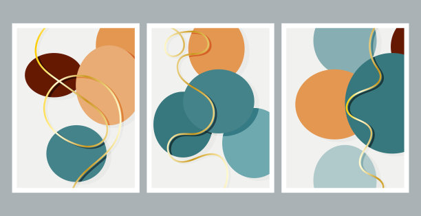 现代抽象绘画。金色的涂鸦线条。流体几何形状的集合。抽象手绘水彩效果形状。家居装饰设计。现代艺术打印。当代设计。图片下载