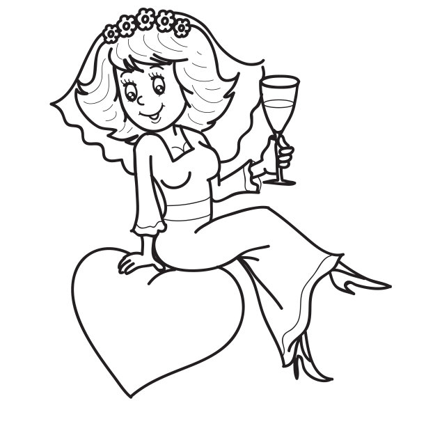 素描，新娘坐在一个心脏上，手里拿着一杯香槟，卡通插图，着色书，白色背景上的孤立物体，矢量，图片下载