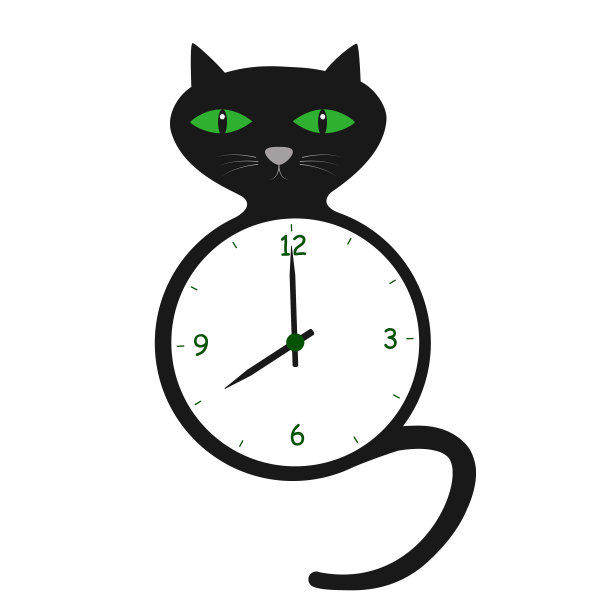 黑猫形状的儿童挂钟。图片下载