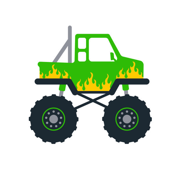 一组巨型卡车。矢量皮卡与大车轮卡通汽车设计理念的男孩。图片下载
