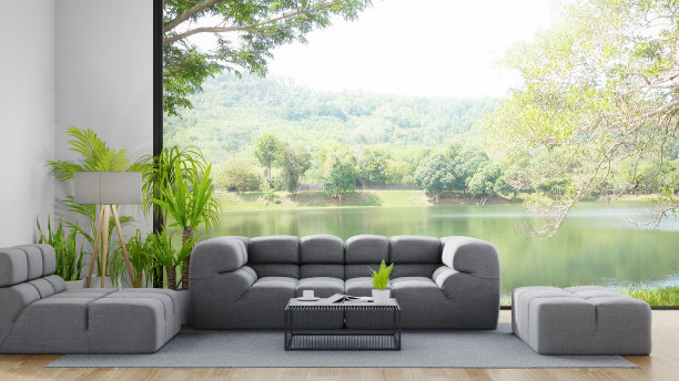 现代住宅或豪华酒店的大客厅木地板沙发。图片下载