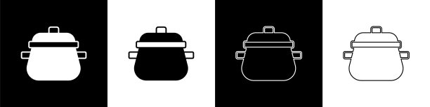设置烹饪锅图标孤立的黑色和白色背景。煮或炖食物的象征。向量图片下载