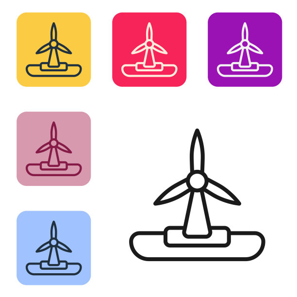 黑线风力涡轮机图标孤立在白色背景。风力发电机的迹象。用于发电的风车。设置图标的颜色方形按钮。向量图片下载