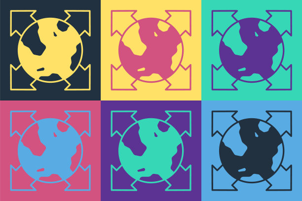 波普艺术世界与指南针图标孤立的颜色背景。向量图片下载