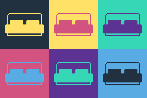 波普艺术酒店房间床图标孤立的颜色背景。向量图片下载