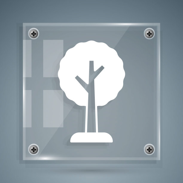 白色树图标孤立在灰色背景。森林的象征。方形玻璃面板。向量图片下载