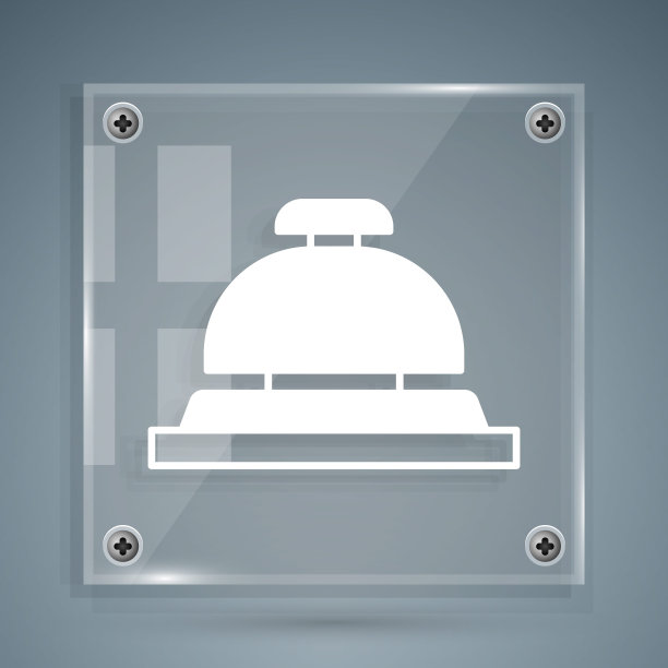 白色的酒店服务钟图标孤立在灰色的背景上。接待贝尔。方形玻璃面板。向量图片下载