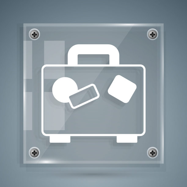 白色旅行箱旅行图标孤立在灰色背景。旅行的行李的迹象。旅行的行李图标。方形玻璃面板。向量图片下载