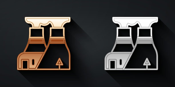 金色和银色的核电站图标孤立在黑色背景。能源工业的概念。长长的阴影风格。向量图片下载