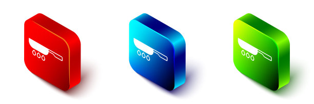 等距煎锅图标孤立在白色背景。油炸或烘焙食品的象征。红色，蓝色和绿色的方形按钮。向量图片下载